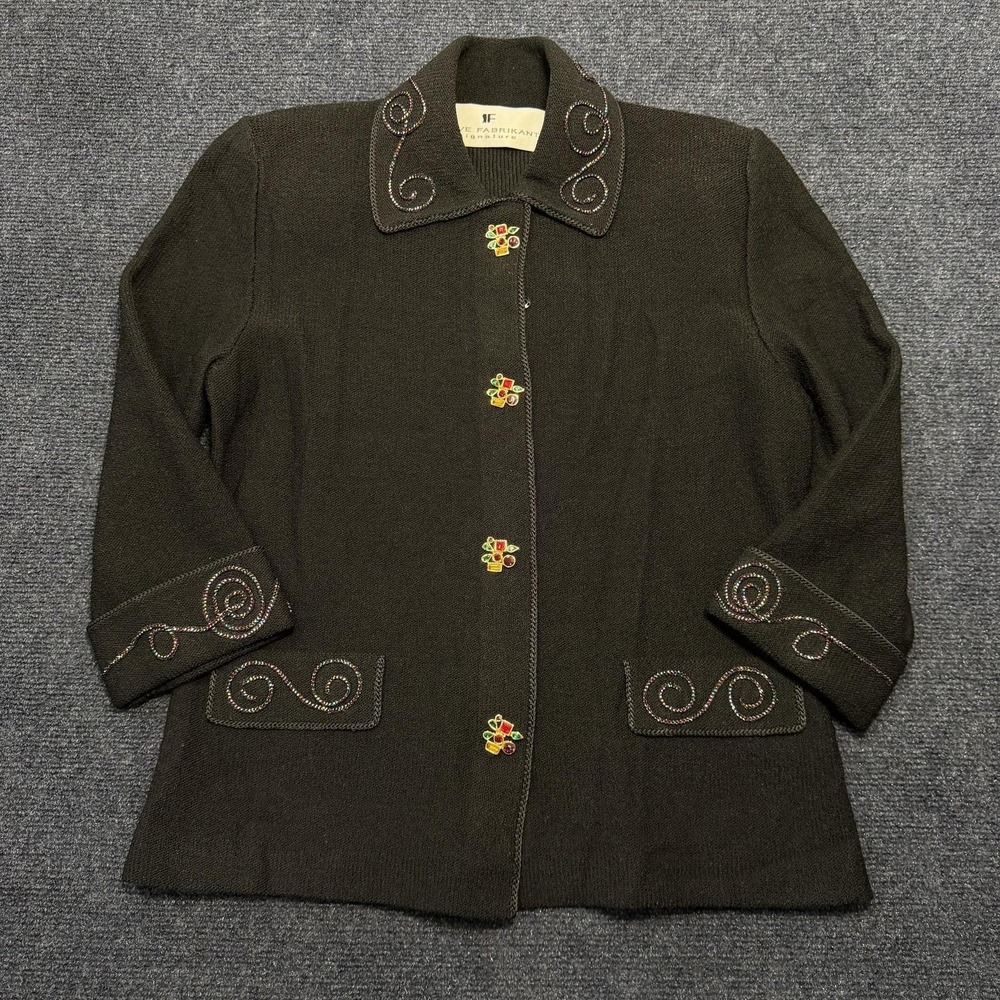 Vintage Steve Fabrikant Cardigan Sweater Womens Petite Small Black Knit